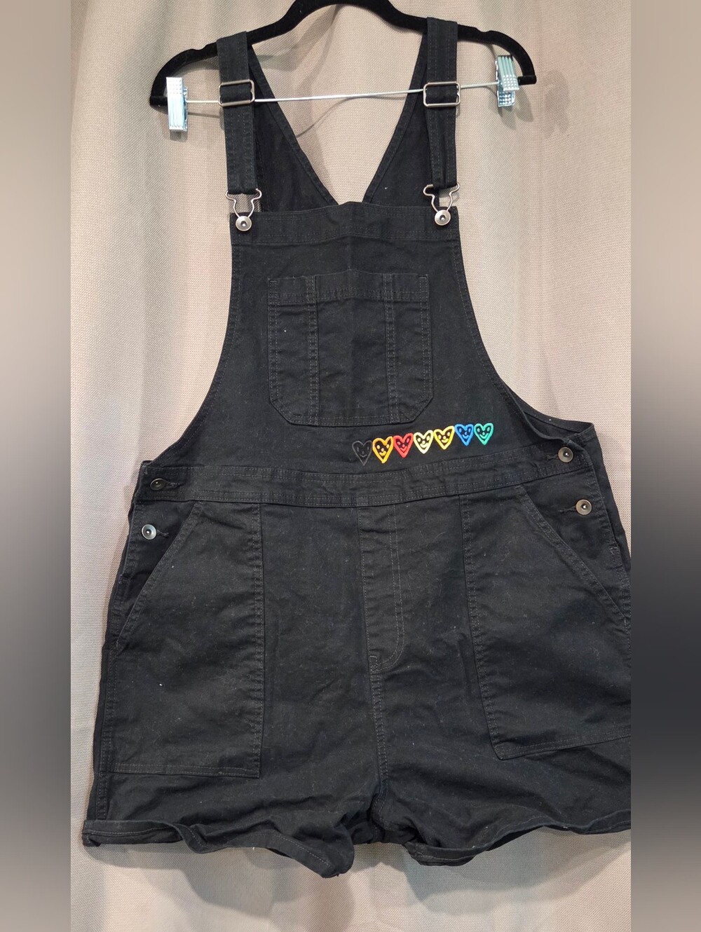 Black Overalls with Rainbow Heart Accents